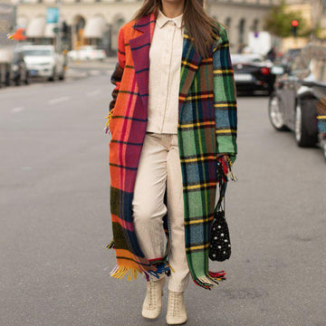 Woochic veste pour femmes col revers en tweed à carreaux contrasté